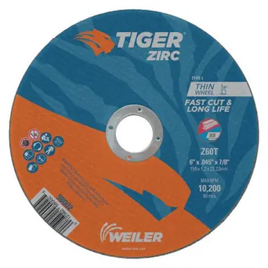 WEILER 58002 Tiger Zirc Thin Cutting Wheels 6" Dia .045 Thick 7/8" Arbor Grit 60 (25pk)