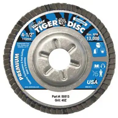 WEILER 50513 TigerDisc Angled Style Flap Disc 4-1/2" 40G 7/8 Arb. Aluminum Back