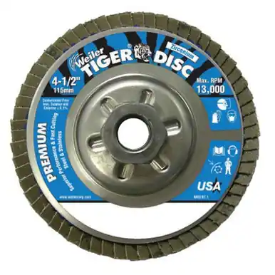 WEILER 50509 TigerDisc Angled Style Flap Disc 4-1/2" 120G 5/8 Arb. Aluminum Back