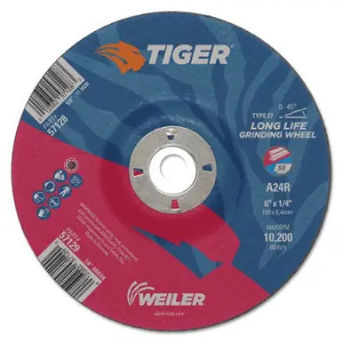 WEILER 57129 Tiger Grinding Wheels, 6" Dia., 1/4" Thick, 7/8" Arbor, 24 Grit (10pk)