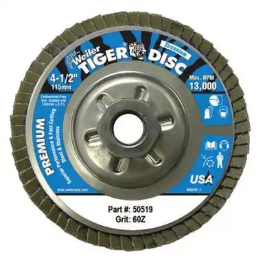 WEILER 50519 TigerDisc Angled Style Flap Disc 4-1/2" 60 Grit 5/8 Arbor Aluminum Back