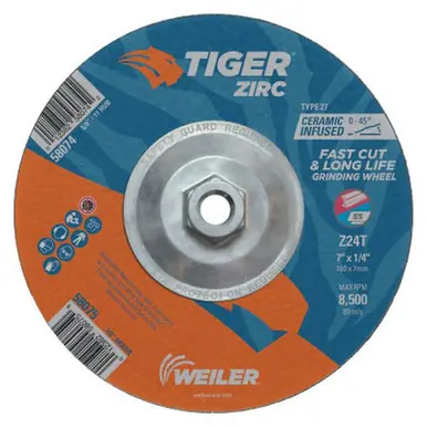 WEILER 58074 Tiger Zirc Grinding Wheels, 7" Dia, 1/4" Thick, 5/8"-11 Arbor (10pk)