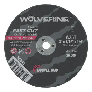 WEILER 56065 Wolverine Thin Cutting Wheels 3" Dia 1/16 Thick 1/4 Arbor 36 Grit