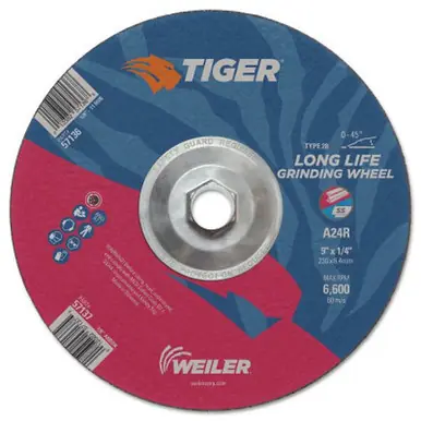 WEILER 57136 Tiger Grinding Wheels, 9" Dia., 1/4" Thick, 24 Grit, Aluminum Oxide (10pk)