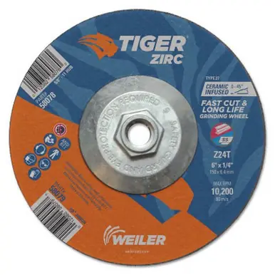 WEILER 58078 Tiger Zirc Grinding Wheels, 6" Dia., 1/4" Thick, 24 Grit, Zirconium (10pk)