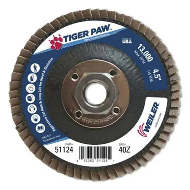 WEILER 51124 TigerPaw Abrasive Flap Disc 4 -1/2" 40 Grit 5/8 Arb. 13000RPM