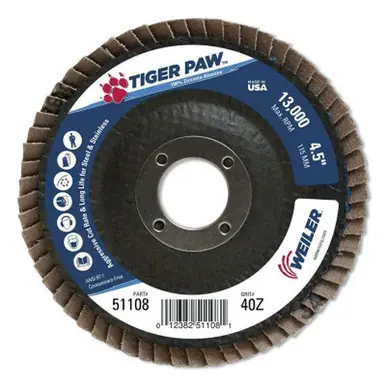 WEILER 51108 TigerPaw Abrasive Flap Disc 4-1/2" 40 Grit 7/8 Arbor 13000RPM