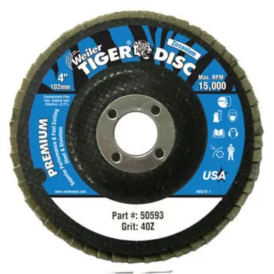 WEILER 50593 TigerDisc Angled Style Flap Disc 4" 40 Grit 5/8 Arbor Phenolic Back