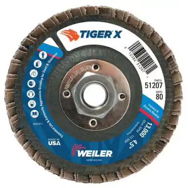 WEILER 51207 TIGER X Flap Disc, 4 1/2" Angled, 80 Grit, 5/8" - 11 Arbor