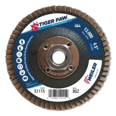 WEILER 51115 TigerPaw Coated Abrasive Flap Disc 4 1/2" 80 Grit 5/8 Arbor