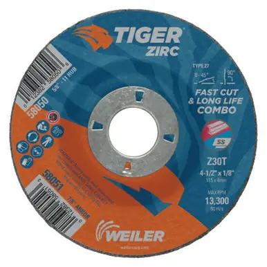 WEILER 58051 Tiger Zirc Combo Wheels, 4 1/2" Dia, 1/8" Thick, 7/8" Arbor (25pk)