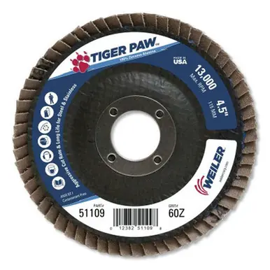 WEILER 51109 TigerPaw Abrasive Flap Disc 4-1/2" 60 Grit 7/8 Arbor 13000RPM