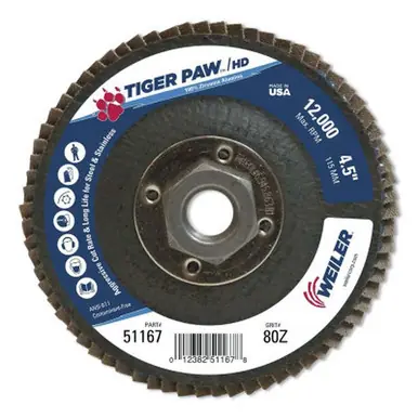 WEILER 51167 TigerPaw Super High Density Flap Disc 4-1/2" 80G 5/8 Arb. 12000RPM 10pk