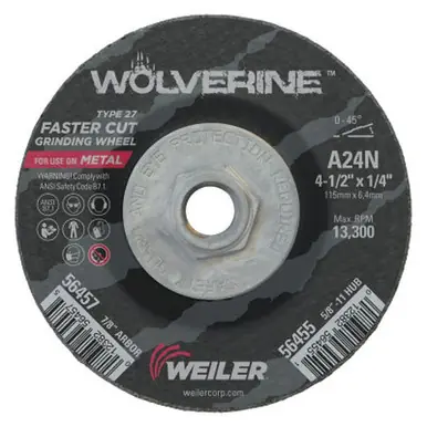WEILER 56455 Wolverine Grinding Wheels 4 1/2", 1/4" Thick 5/8" Arbor 24 Grit N (10pk)