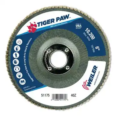 WEILER 51175 TigerPaw TY29 Coated Abrasive Flap Disc, 6", 40 Grit, 7/8" Arbor