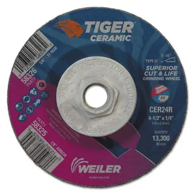 WEILER 58326 Tiger Ceramic Grinding Wheels, 4.5" Dia, 1/4" Thick, 5/8" Arbor