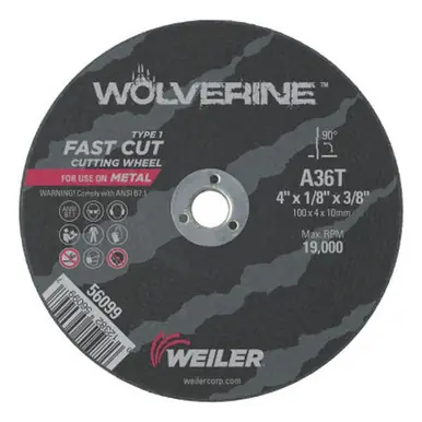 WEILER 56099 Wolverine Thin Cutting Wheels 4" Dia 1/8 Thick 3/8 Arbor 36 Grit (25pk)