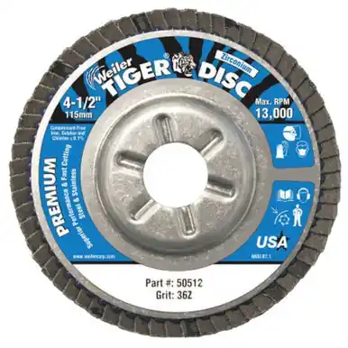 WEILER 50512 TigerDisc Angled Style Flap Disc 4 1/2" 36 Grit 7/8 Arbor Aluminum Back