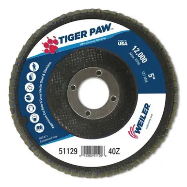 WEILER 51129 TigerPaw Abrasive Flap Disc 5" 40 Grit 7/8 Arb. 12000RPM