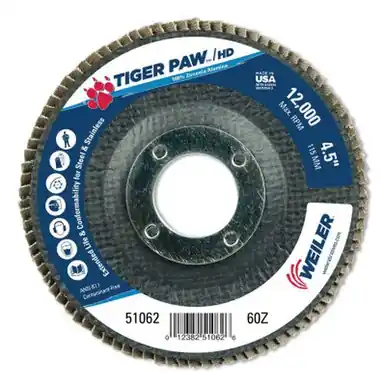 WEILER 51062 TigerPaw Super High Density Flap Disc, 4-1/2", 60 Grit, 7/8" Arbor