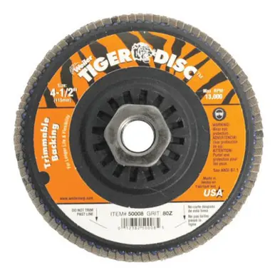 WEILER 50008 Trimmable Tiger Flap Disc, 4 1/2", 80 Grit, 5/8 Arbor, 13000RPM