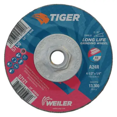 WEILER 57120 Tiger Grinding Wheels, 4 1/2" Dia, .045" Thick 5/8"-11 Arbor (10pk)