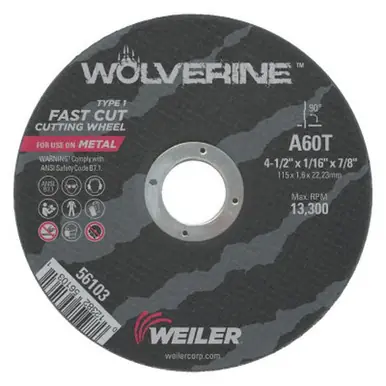 WEILER 56118 Wolverine Thin Cutting Wheels 5" Dia 1/16" Thick 36 Grit Alum Oxide (25pk)