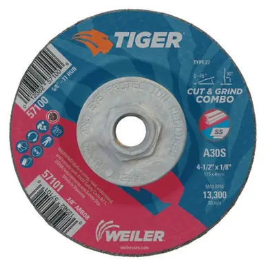WEILER 57100 Tiger Combo Wheels, 4 1/2" Dia, 5/8"-11 Arbor, Grit 30 (10pk)