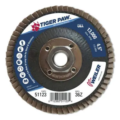 WEILER 51123 TigerPaw TY29 Abrasive Flap Disc 4-1/2" 36 Grit 5/8 Arbor 13000RPM