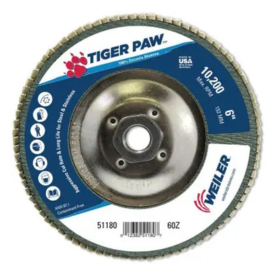 WEILER 51180 TigerPaw TY29 Coated Abrasive Flap Disc 6" 60 Grit 5/8"-11 Hub Arb.