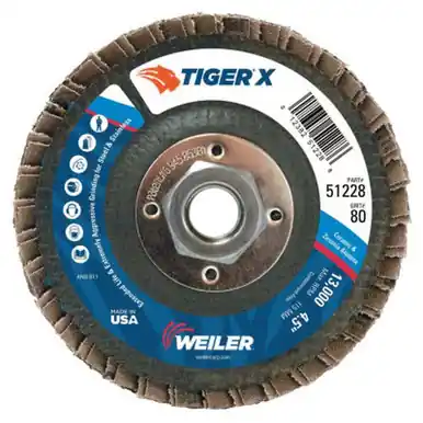 WEILER 51228 Tiger X Flap Disc, 4-1/2" Flat, 80 Grit, 5/8" - 11 Arbor