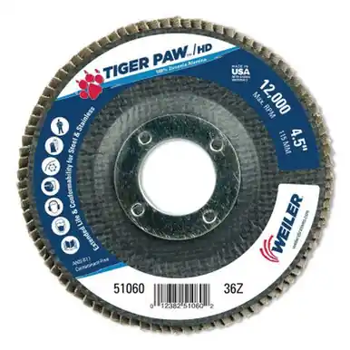 WEILER 51060 TigerPaw Super High Density Flap Disc, 4-1/2", 36 Grit, 7/8" Arbor