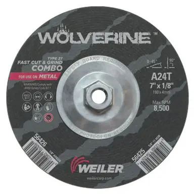 WEILER 56425 Wolverine Combo Wheels, 7" Dia, 1/8" Thick, 5/8" Arbor, 24 Grit, T