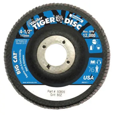 WEILER 50805 BigCat High Density Flat Flap Disc 4.5" 80 Grit 7/8 Arbor 12000RPM