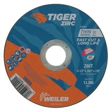 WEILER 58000 Tiger Zirc Thin Cutting Wheels 4 1/2" Dia .045 Thick 7/8" Arbor Grit 60 (25pk)