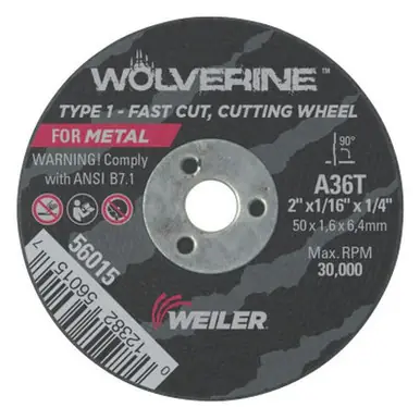 WEILER 56015 Wolverine Thin Cutting Wheels 2" x 1/16" Thick 36G Aluminum Oxide (100pk)