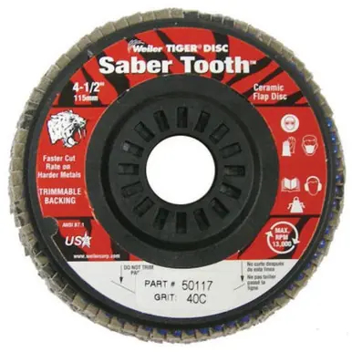 WEILER 50117 SaberTooth Ceramic Flap Disc 4-1/2" 40 Grit 7/8 Arbor 13000RPM (10pk)