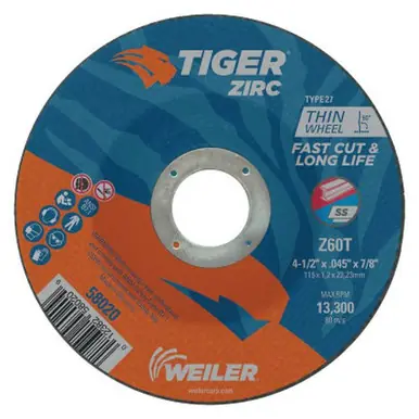 WEILER 58020 Tiger Zirc Thin Cutting Wheel 4-1/2" x .045 5/8"-11 Arbor (25pk)