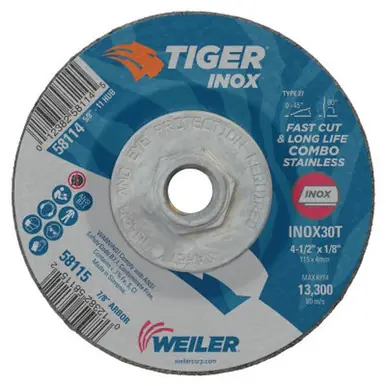 WEILER 58114 Tiger-ox Combo Wheels, 4.5" Dia, 1/4" Thick, 7/8" Arbor (10pk)