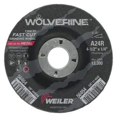 WEILER 56464 Wolverine Grinding Wheels 4 1/2", 1/4" Thick 7/8" Arbor 24 Grit R