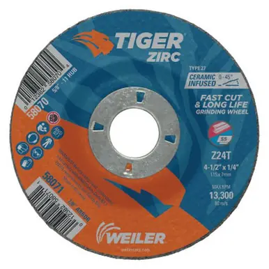 WEILER 58071 Tiger Zirc Grinding Wheels, 4 1/2" Dia, 1/4" Thick, 7/8" Arbor (10pk)