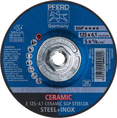 PFERD 60094 5" x 1/8 Grinding Wheel, 5/8-11 Thd. CERAMIC SGP STEELOX - Type 27 (10pk)
