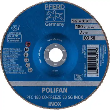 PFERD 60817 7" x 7/8" POLIFAN Flap Disc - Conical CO-FREEZE SG INOX Ceramic Oxide 50G (10pk)
