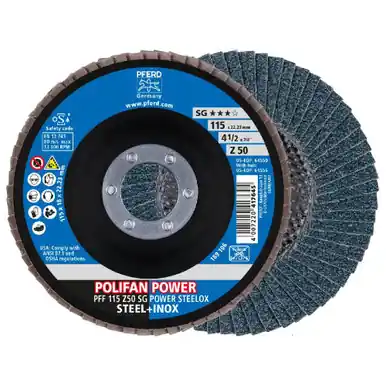 PFERD 64550 - Flap Disc, 4-1/2" x 7/8, Z SG POWER STEELOX, 50 Grit, T27, Flat, Zirconia (10pk)