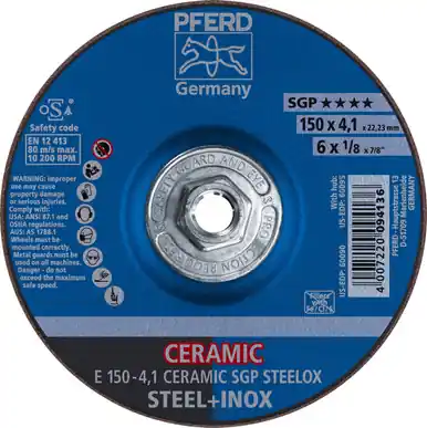 PFERD 60095 6" x 1/8 Grinding Wheel, 5/8-11 Thd. CERAMIC SGP STEELOX - Type 27 (10pk)