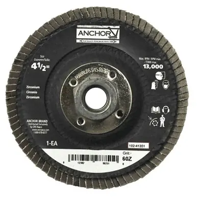 Anchor Brand 41351 Angled Flap Disc, 4-1/2", 60 Grit, 5/8"-11 Arbor, 13,000 rpm
