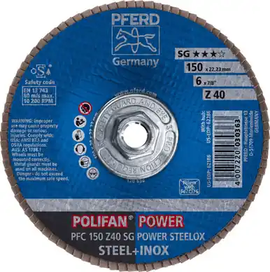 PFERD 62286 6" x 5/8-11 POLIFAN Flap Disc - Conical Z SG POWER STEELOX Zirconia 40G (10pk)