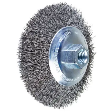 PFERD 82256 4-1/2" Dia. crimped wire bevel brush .014" carbon steel wire, 5/8-11 threaded nut (5pk)