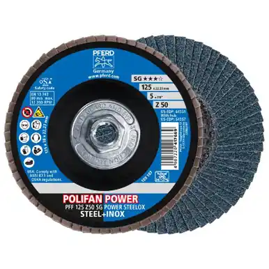 PFERD 64557 - Flap Disc, 5" x 5/8-11, Z SG POWER STEELOX, 50 Grit, T27, Flat, Zirconia (10pk)