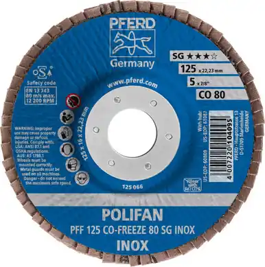 PFERD 60809 5" x 7/8" POLIFAN Flap Disc - Flat CO-FREEZE SG INOX Ceramic Oxide 80G (10pk)
